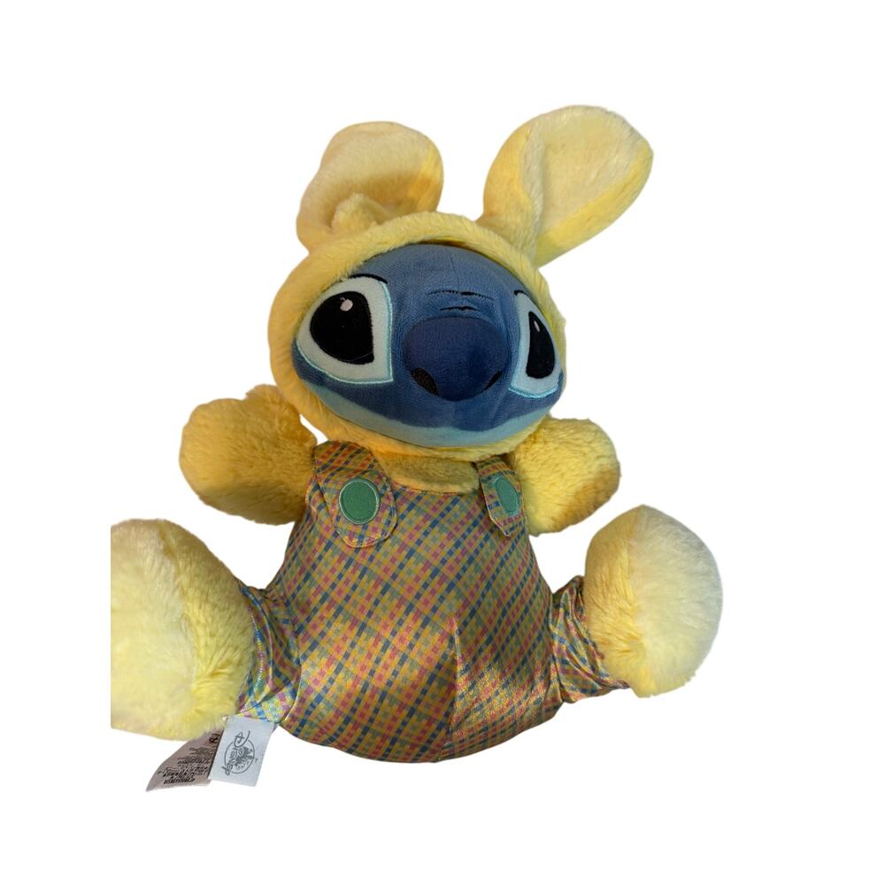 Disney Store Stitch Plush 10" Yellow Easter Bunny Satin Plaid Jumper Stuffed Toy
